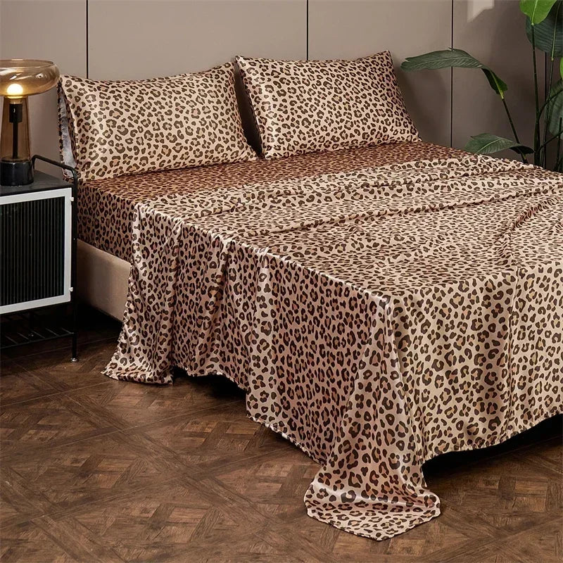 Luxury Satin Leopard Print Bed Sheet Set by Afralia™ - Queen/King Size