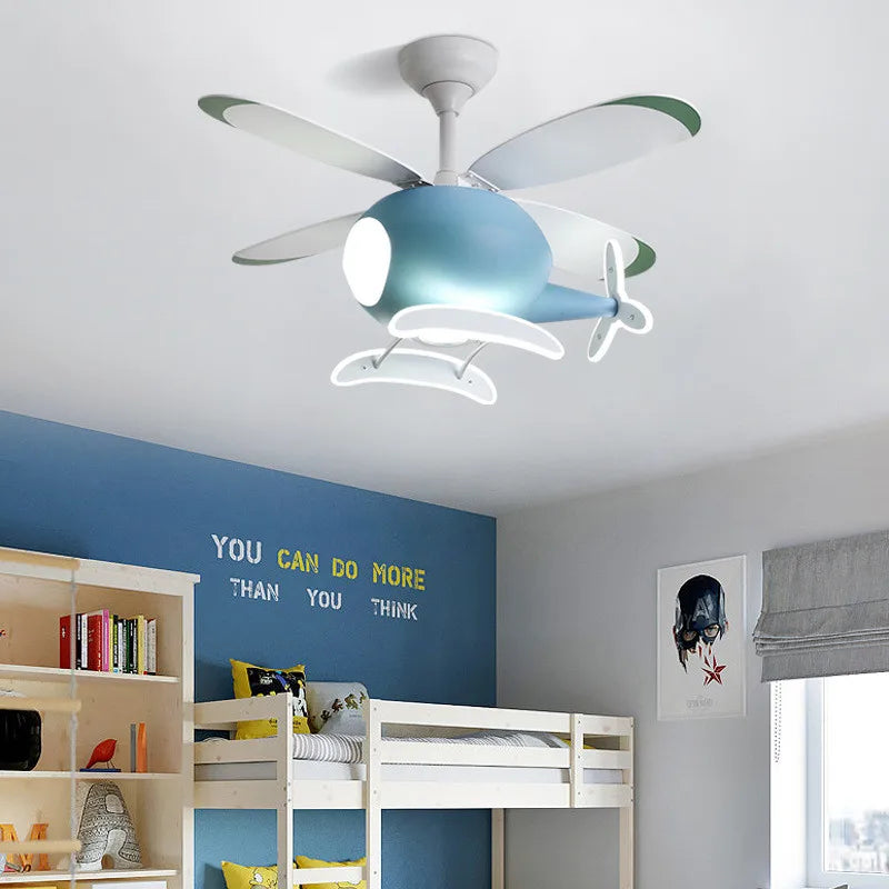 Afralia™ Aircraft LED Chandelier Ceiling Fan Light Remote Dimming Kids Room Bedroom Decor