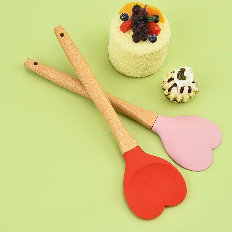 Silicone Heart Spatula with Wooden Handle by Afralia™: Baking & Cooking Utensil