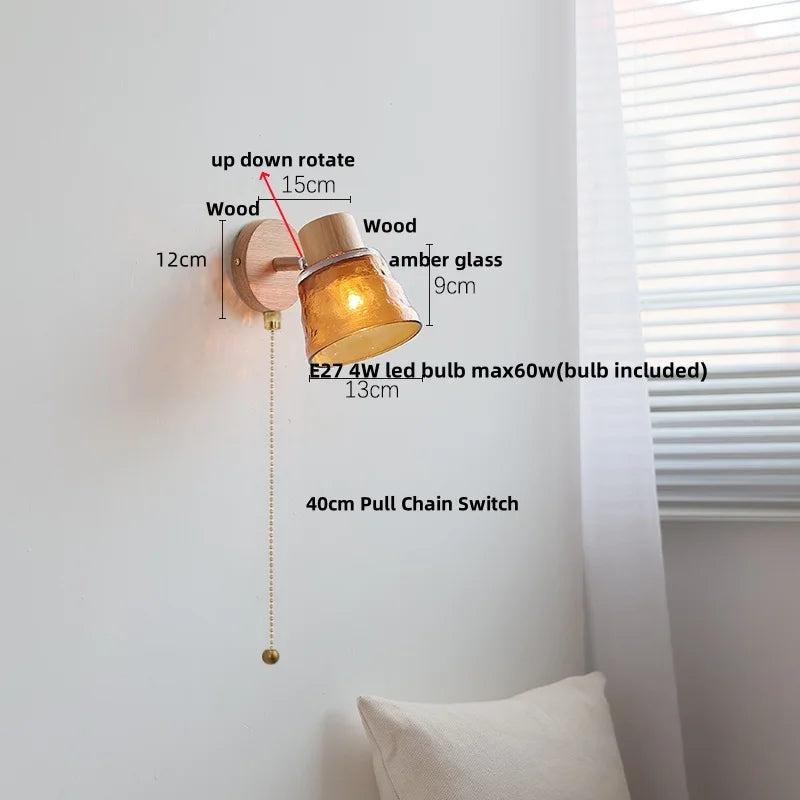 Afralia™ Amber Glass LED Wall Sconce Nordic Modern Wood Pull Chain Switch Stair Light
