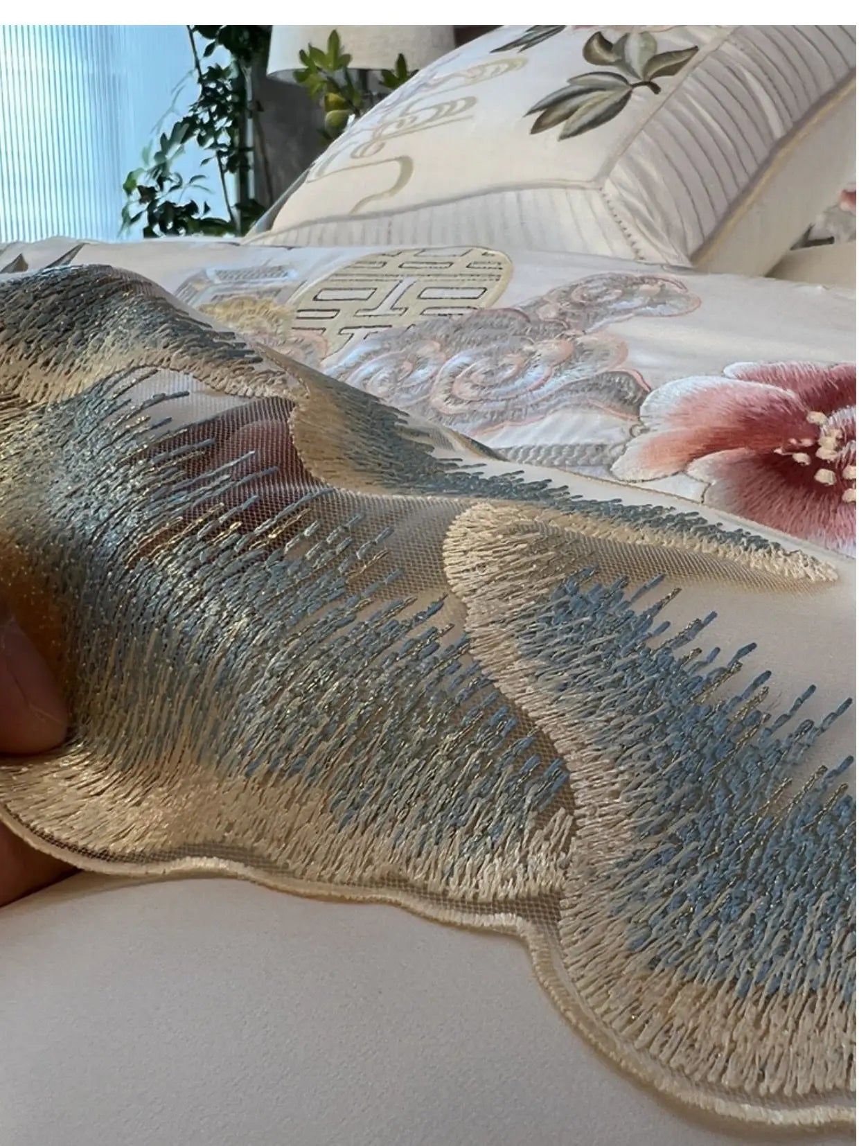 Afralia™ Luxe Peony Embroidered Bedding Set with Egyptian Cotton, Duvet Cover, Sheet, Pillowcase