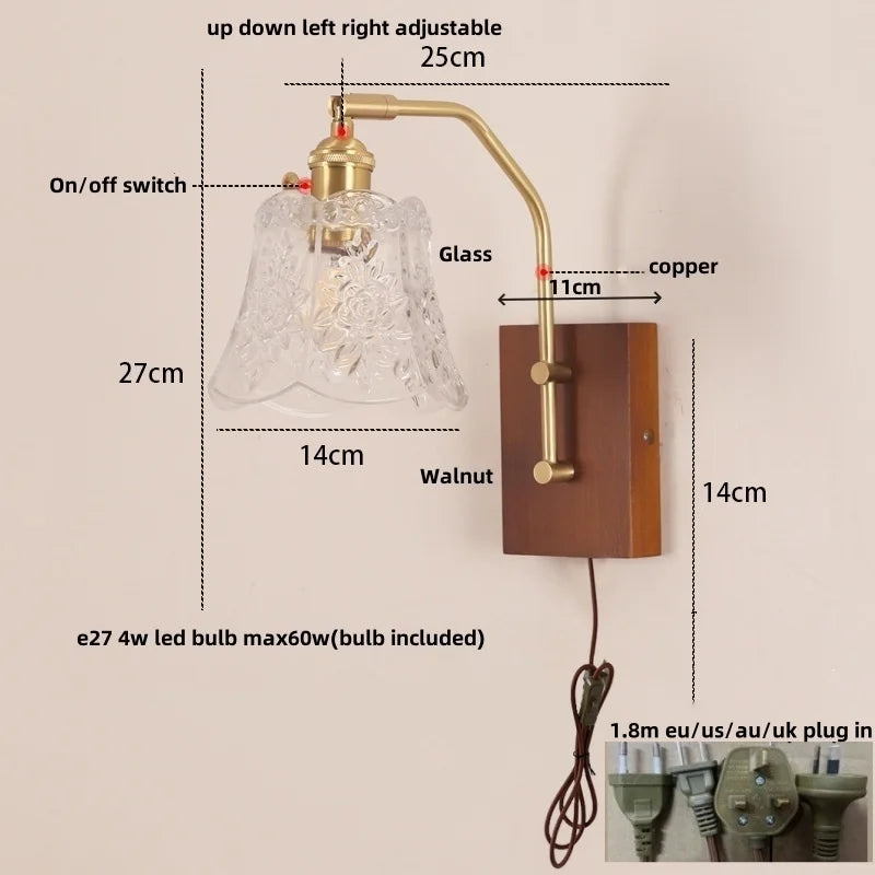 Afralia™ LED Glass & Wood Wall Lamp with Pull Chain Switch for Living Room, Bedroom, Bathroom