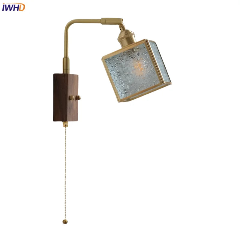 Afralia™ LED Walnut Wood Cube Glass Wall Light with Pull Chain Switch