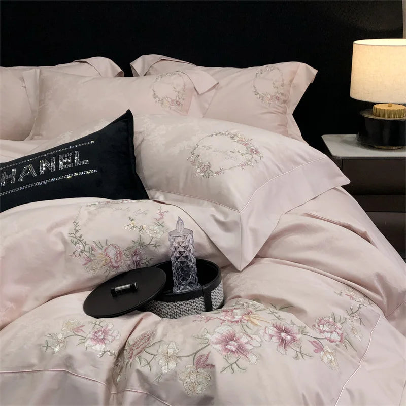 Afralia™ Silky Chic Jacquard Cotton Bedding Set with Flowers Embroidery