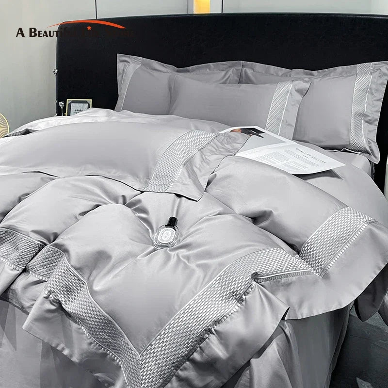Afralia™ Luxury Embroidery Egyptian Cotton Bedding Set - Soft Silky Quilt Cover & Sheet
