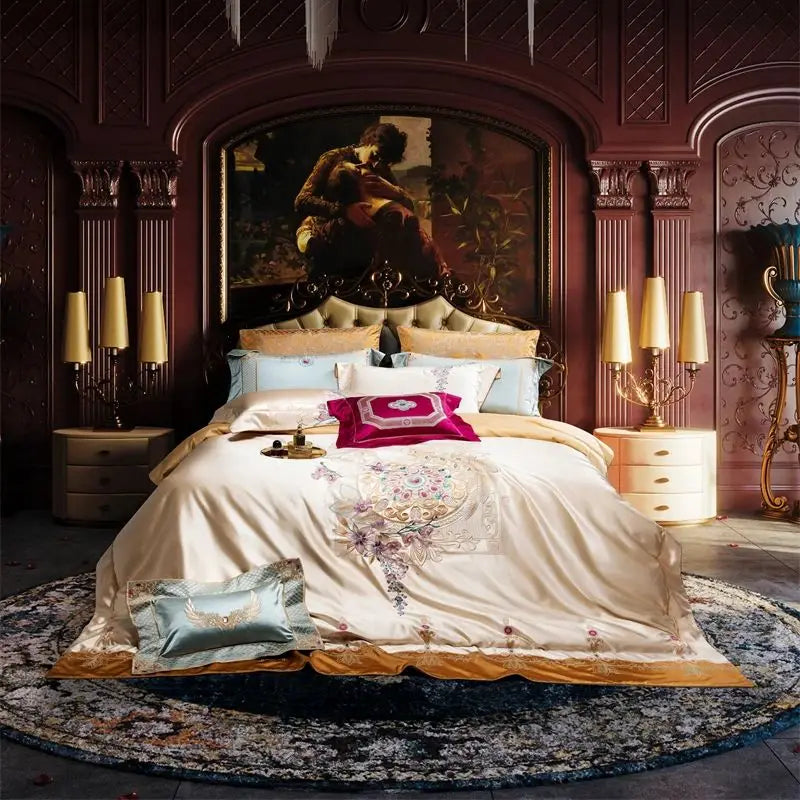 Luxurious Palace Flowers Embroidery Champagne Gold Brocade Bedding Set by Afralia™