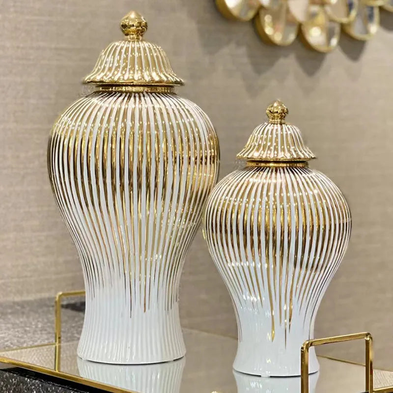 Afralia™ Gold Striped Ceramic Jar Vase Hand-made Porcelain Home Decor Storage