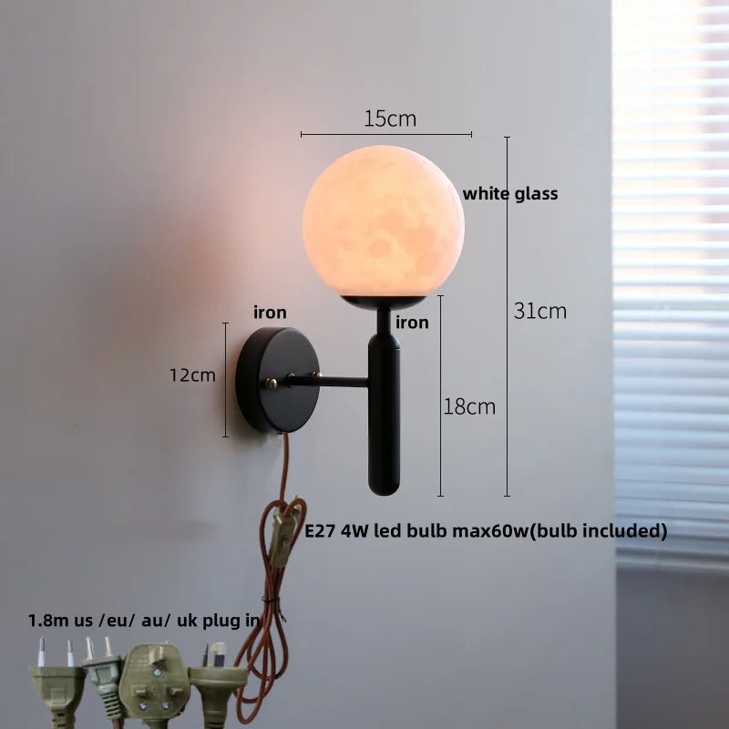 Afralia™ Modern Black Iron LED Wall Light with Pull Chain Switch & White Glass