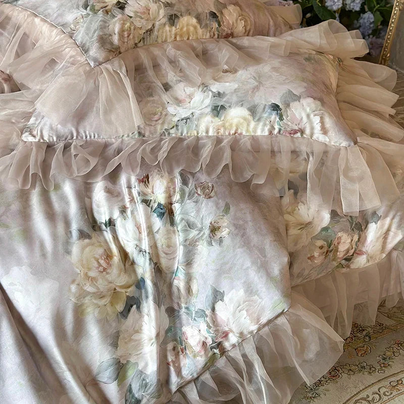 Afralia™ French Flowers Lace Ruffles Bedding Set with Silky Soft Lyocell Cotton