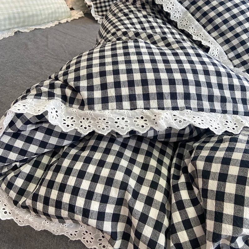 Afralia™ Vintage Lace Cotton Quilt Cover Set, Plaid Design, Black & White, 4Pcs