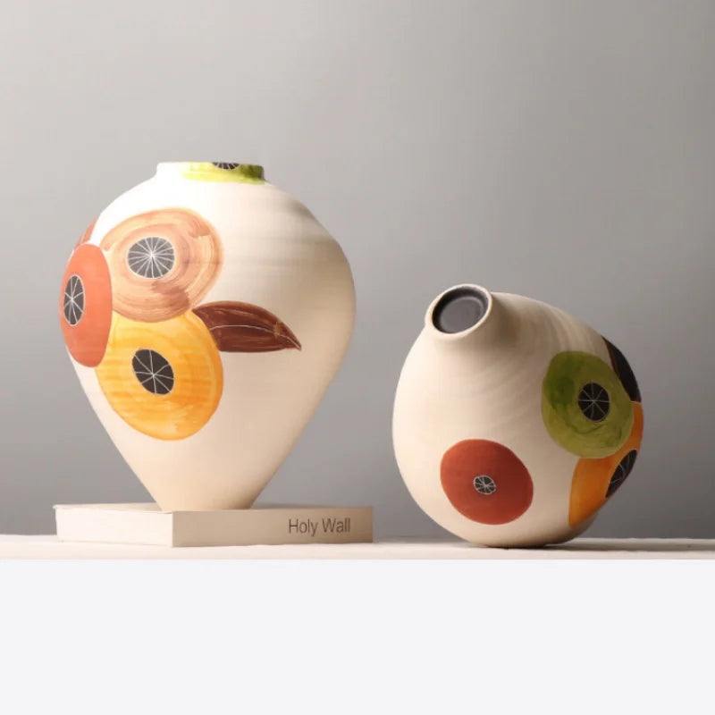 Afralia™ Hand-painted Coffee Beans Ceramic Vase - Colorful Flower Arrangement Bottle