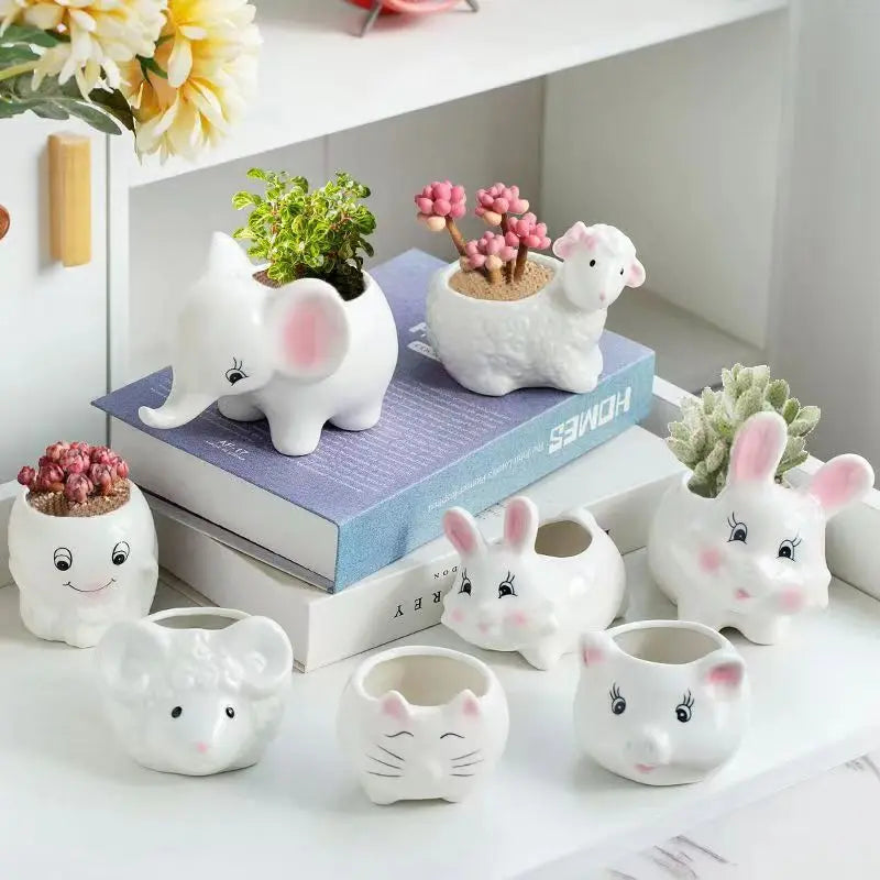 Afralia™ Animal Cartoon Ceramic Flowerpot for Nursery Planting - Cute Rabbit Elephant Sheep Octopus