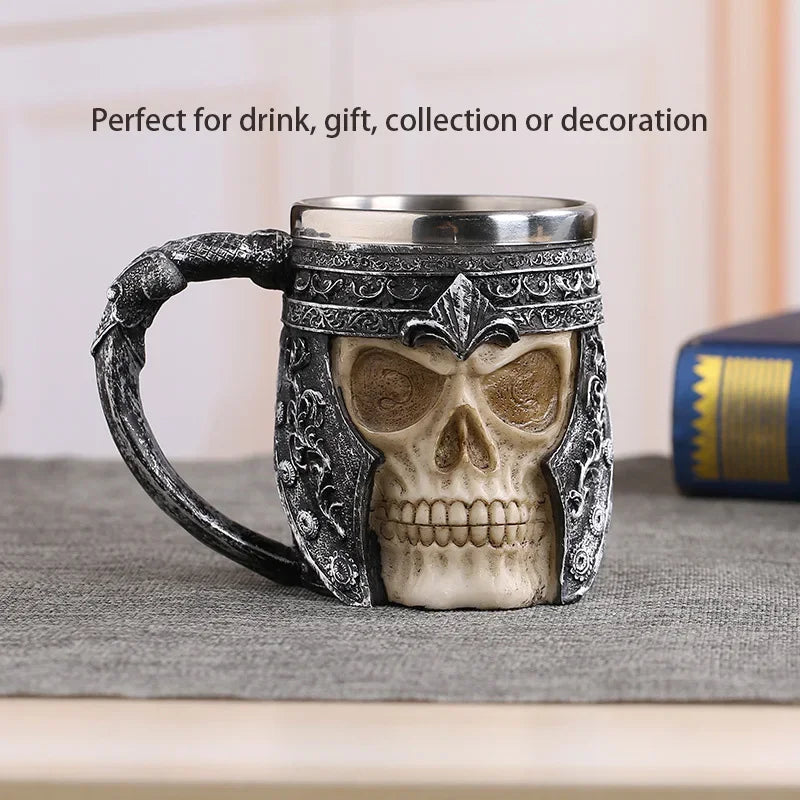 Gothic Skull Resin Stainless Steel Beer Mug by Afralia™ - Dragon Knight Tankard for Halloween and Christmas