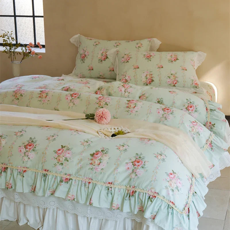 Afralia™ Pure Cotton Floral Quilted Bedding Set with Lace Ruffles