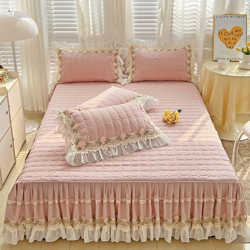 Afralia™ Korean Princess Bedding Set: Flowers, Lace, Ruffles, Embroidery, Quilted, Duvet Cover, Bedspread