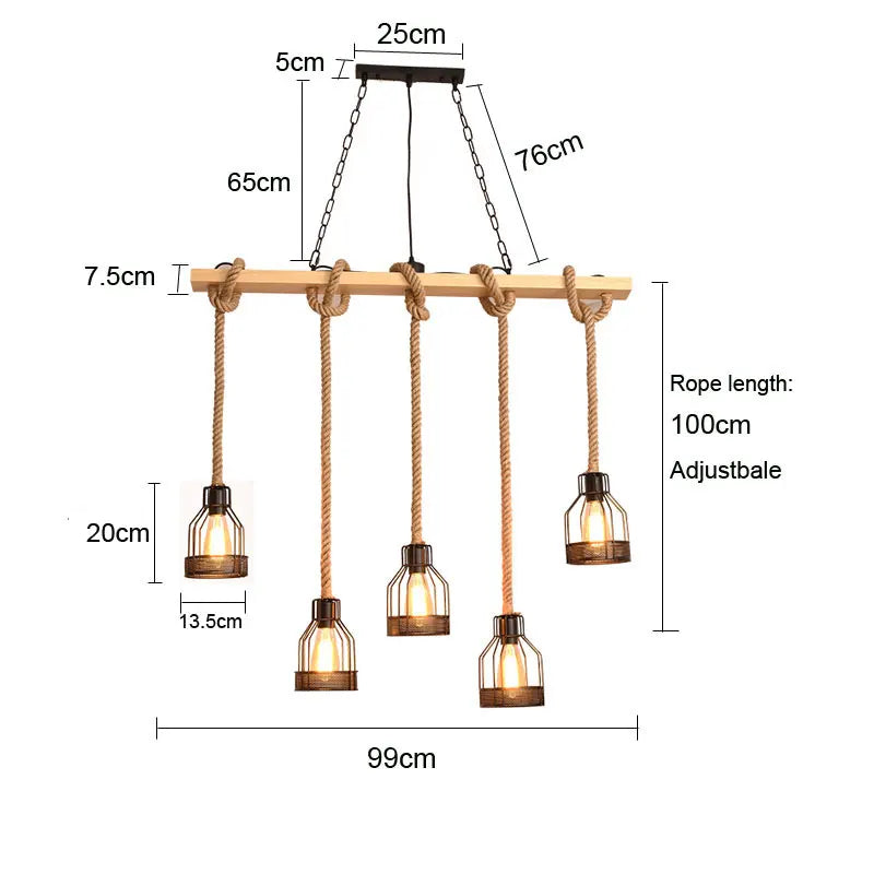 Afralia™ Vintage Wood Rope Chandelier Pendant Light for Dining and Living Room