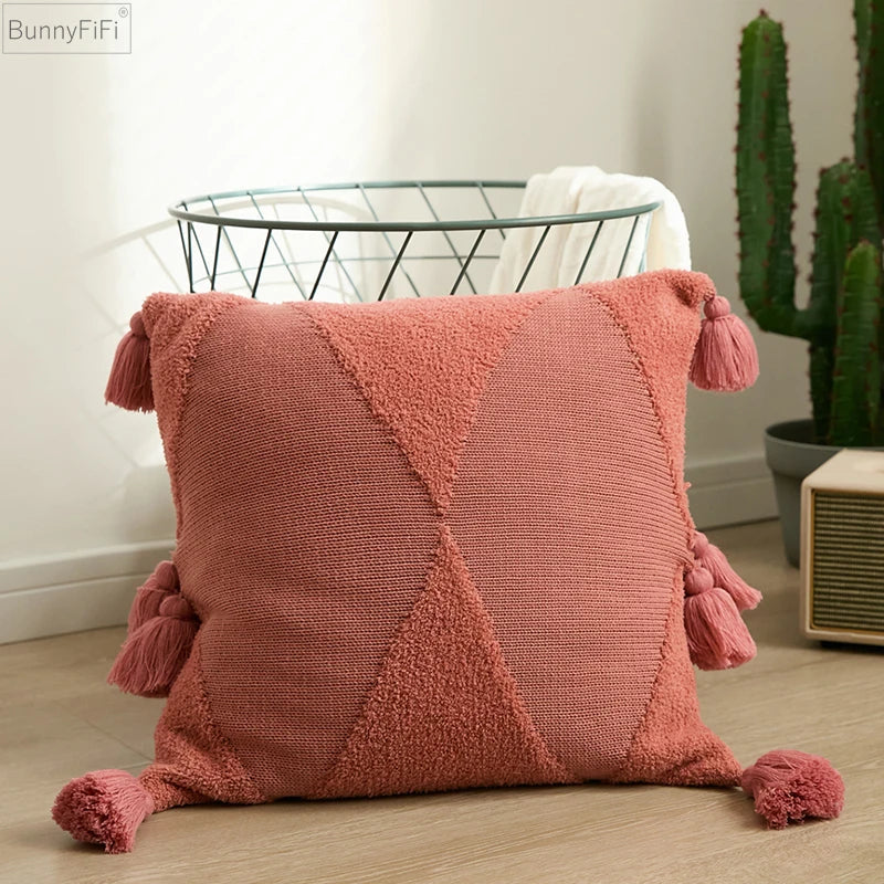 Afralia™ Knitted Mustard Blue Tassel Cushion Cover for Home Sofa Bed Decor