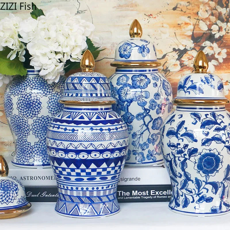 Afralia™ Blue & White Porcelain Ginger Jar: Retro Tea Caddy Vase Desk Decoration