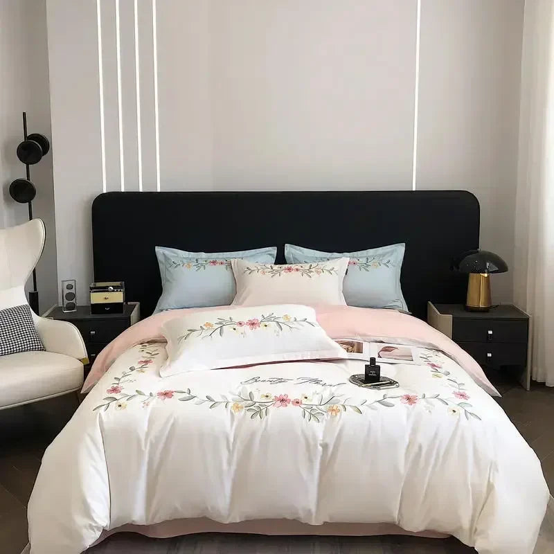 Afralia™ Flower Embroidery Cotton Duvet Cover Set, Queen/King Size Bedding Set with Sheets