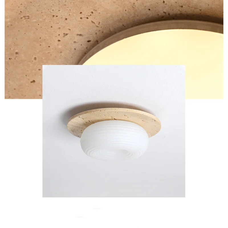 Afralia™ Wabi Sabi LED Ceiling Light Fixture Yellow Travertine White PE Round Lampshade