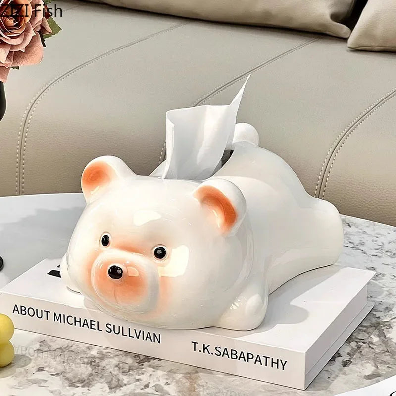 Afralia™ White Bear Ceramic Tissue Box: Cute Cartoon Bear Design for Coffee Table & Desk