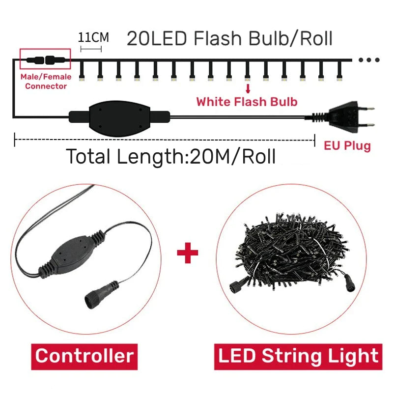 Afralia™ Outdoor LED String Fairy Lights 200LED Waterproof Black Cable EU Plug