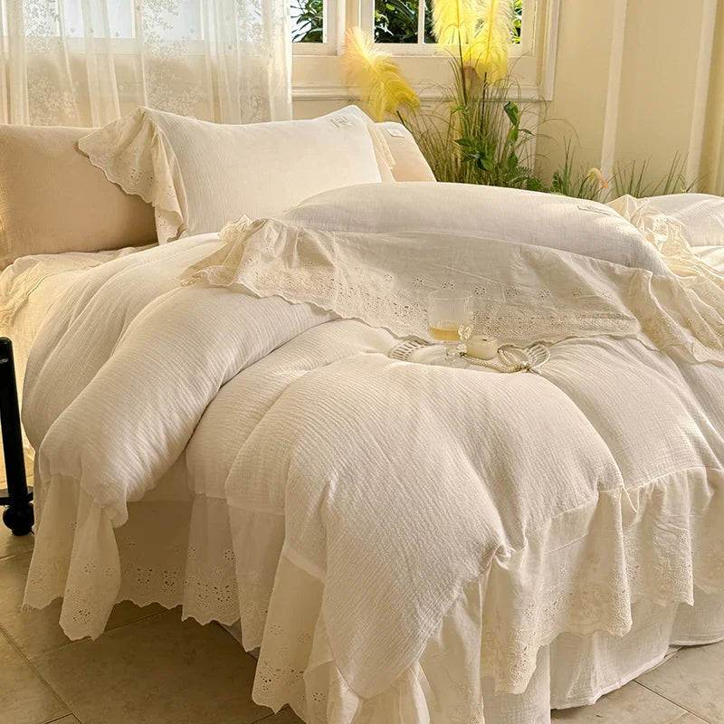 Afralia™ Lace Ruffles Princess Wedding Bedding Set in Pure Cotton Skin-friendly Fabric