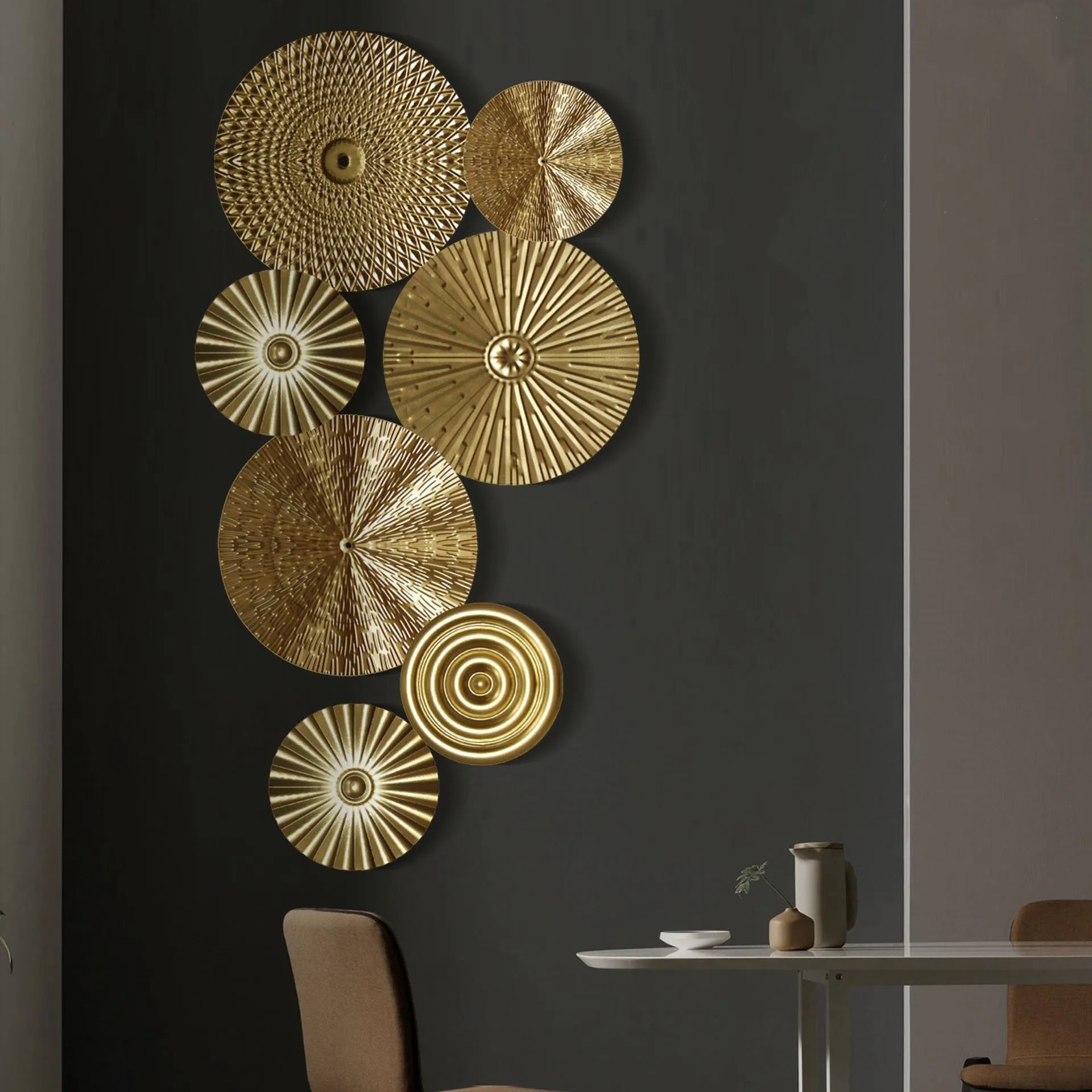 Afralia™ Geometric Golden Metal Wall Hanging Round Ornaments - Room Decoration Accessories