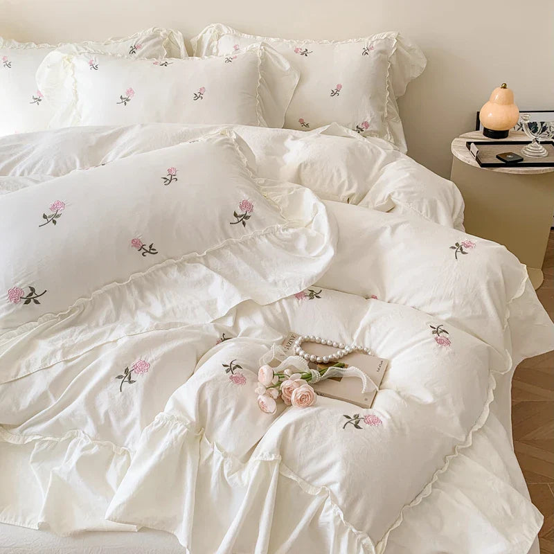 Afralia™ Rose Flowers Ruffle Lace Bedding Set, Washed Cotton Duvet Cover, Skin Friendly