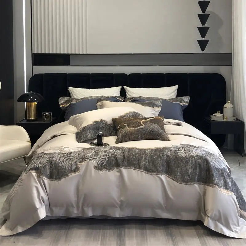 Afralia™ Luxury Egyptian Cotton Bedding Set in Blue/Grey, 1200TC, Embroidered Modern Art