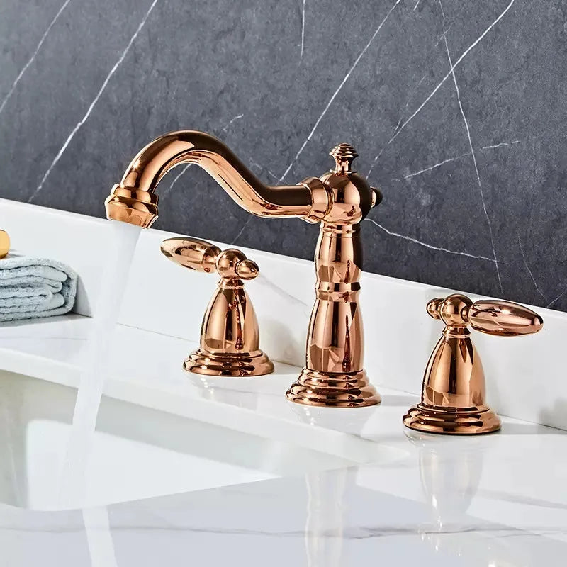 Afralia™ Rose Gold Widespread Bathroom Faucet for Basin, Antique 3 Hole Sink Tap