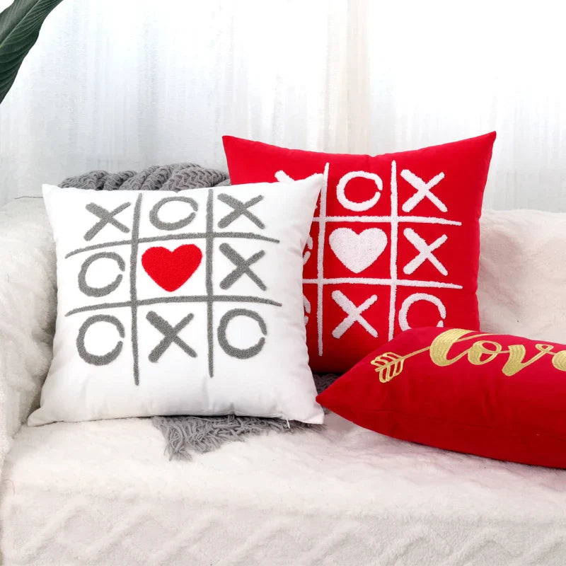 Afralia™ Velvet Embroidery Love Heart Cushion Cover - Romantic Soft Red White Pillow Cover