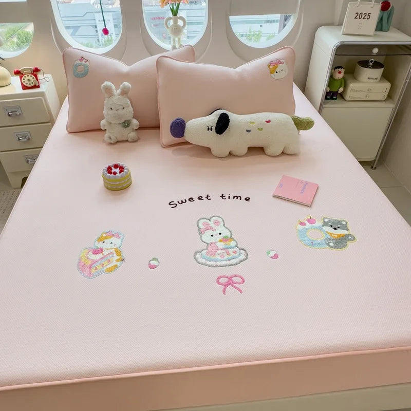 Afralia™ Cartoon Embroidered Fitted Sheet for Single Bed - All-Season Comfort