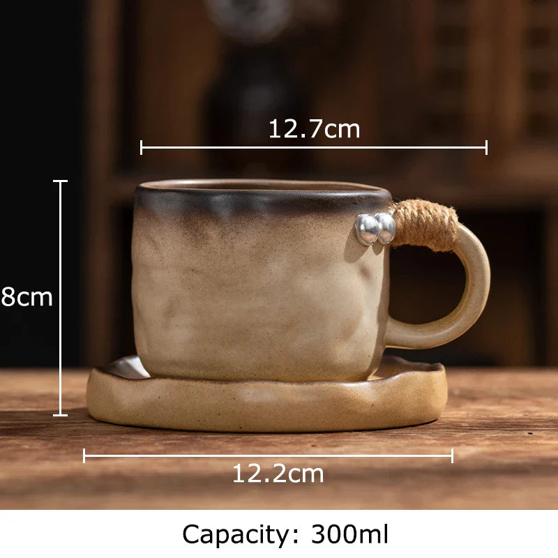 Afralia™ Coarse Pottery Cup & Saucer Set - Classical Mugs for Dining Table or Coffee