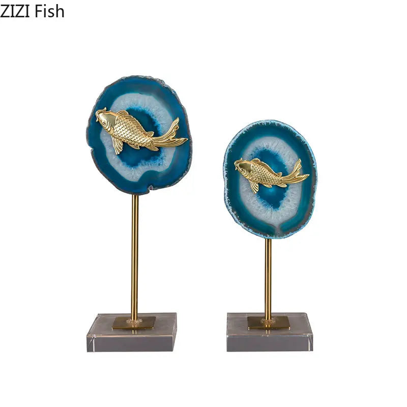 Afralia™ Blue Agate Golden Fish Statue on Crystal Base - Modern Room Decor