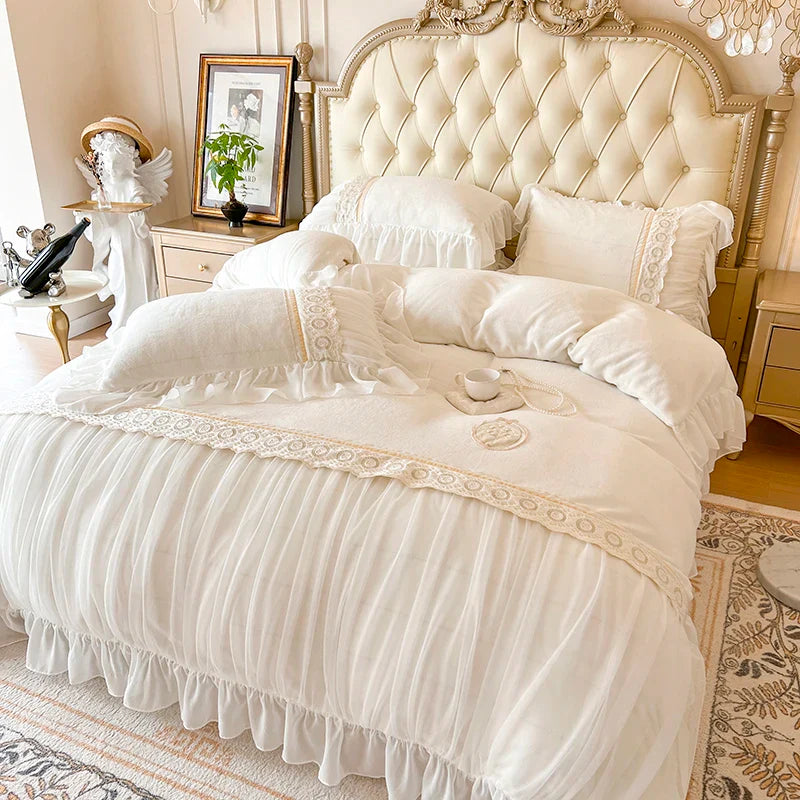 Afralia™ Velvet Fleece Princess Bedding Set with French Pleat Lace Ruffles, Plush & Warm