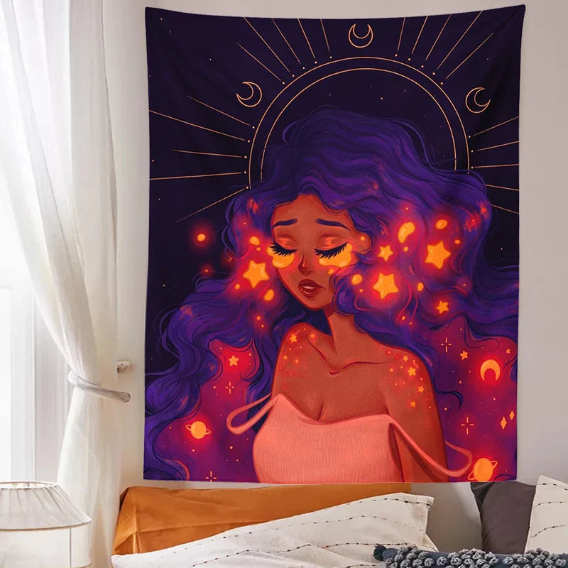 Afralia™ Moonlit Girl Tapestry: Luminous Sky Boho Wall Decor