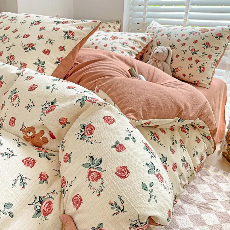 Afralia™ Cotton Flower Printed Comforter Set: Breathable Double-Layer Yarn, Soft Bedding for Girls