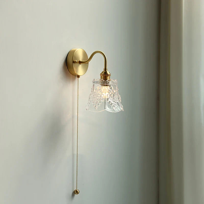 Afralia™ Clear Glass LED Wall Sconce Pull Chain Switch Modern Copper Bedside Lamp