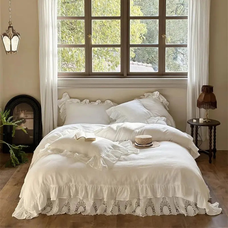 Afralia™ 100% Cotton Ruffles Bedding Set with Double-layer Yarn and Soft Skin Friendly Texture