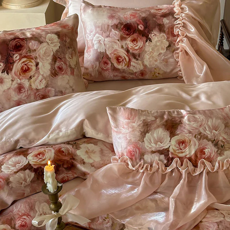 Afralia™ Romantic Rose Organza Lace Ruffles Bedding Set with Soft Silky Feel