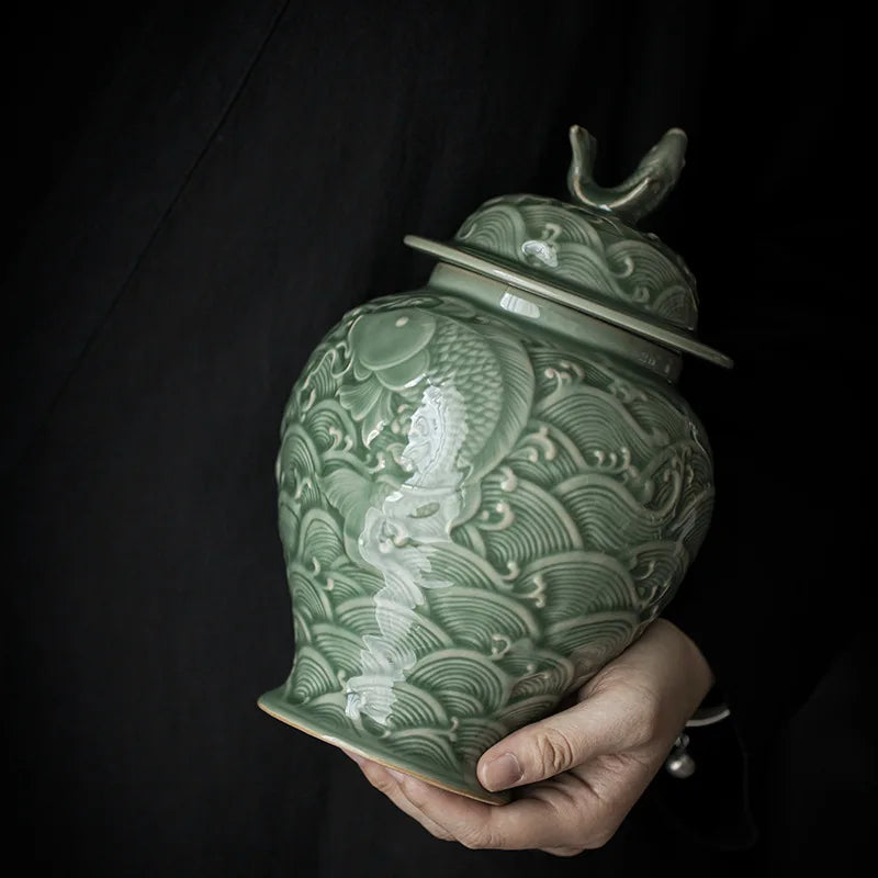 Afralia™ Fish Relief Celadon Tea Pot Porcelain Jar Decor Storage Tank