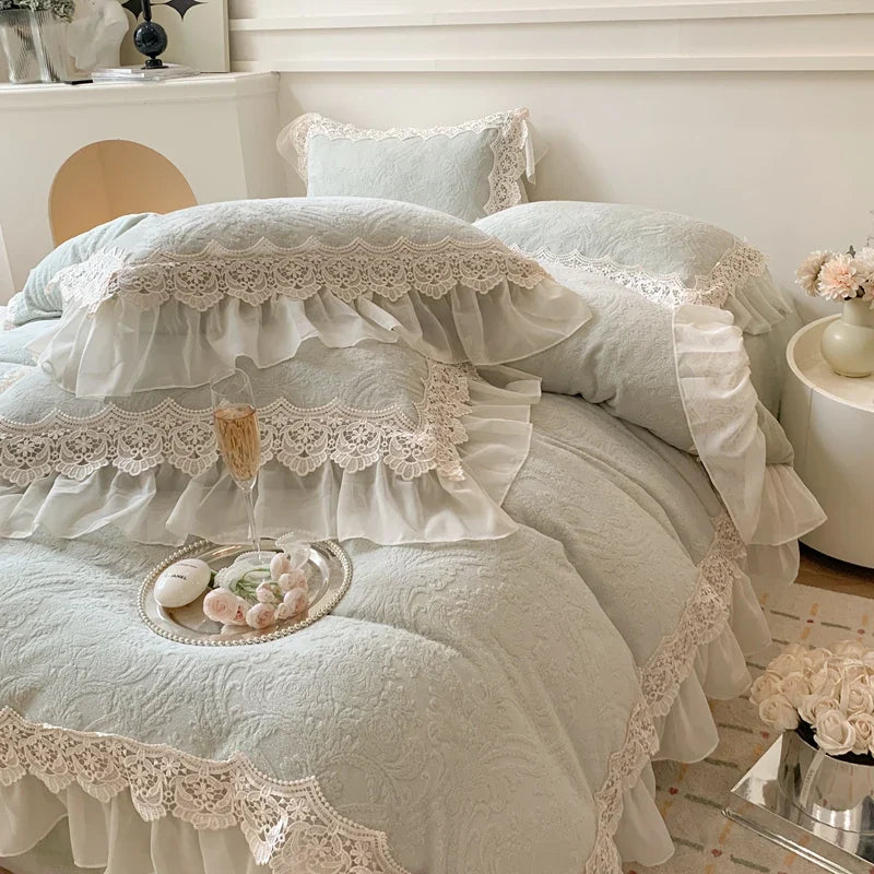 Afralia™ French Lace Ruffles Velvet Bedding Set, Furry Duvet, Sheet, Pillowcases