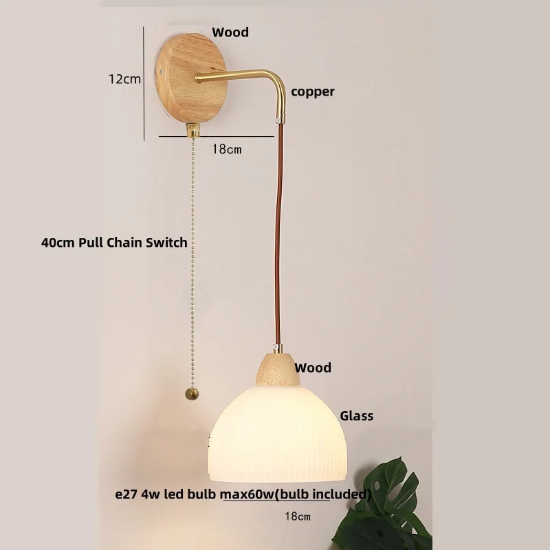 Afralia™ Clear Glass LED Wall Lights with Wood Pull Chain Switch - Modern Copper Stair Light