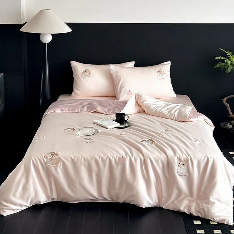 Afralia™ Cartoon Embroidered Ice Silk Bedding Set with Lyocell Fiber – Queen/King Size