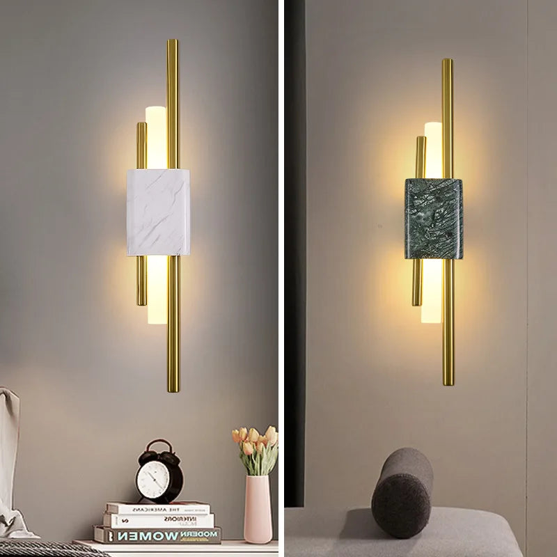 Afralia™ Green White Marble Wall Lamp - Luxury Golden Decor LED Light