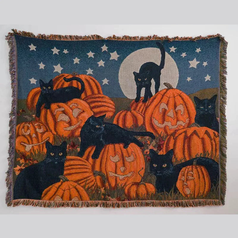 Afralia™ Halloween Black Cat Knitted Blanket - Cozy Sofa Throw for Autumn/Winter