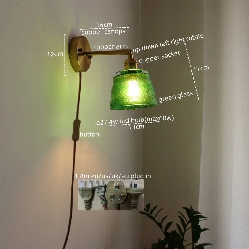 Afralia™ LED Green Glass Wall Light for Home Decor, Japanese Style, Bedroom, Living Room