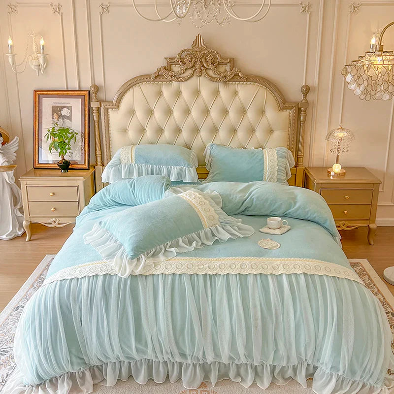 Afralia™ Velvet Fleece Princess Bedding Set with French Pleat Lace Ruffles, Plush & Warm