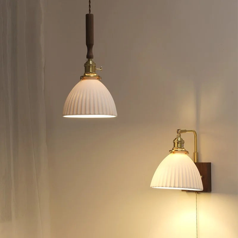 Afralia White Ceramic LED Pendant Light with Walnut Wood Accent - Modern Nordic Design